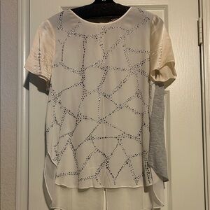Rebecca Taylor Cream and Gray Silk Blouse w/Silver Adornments